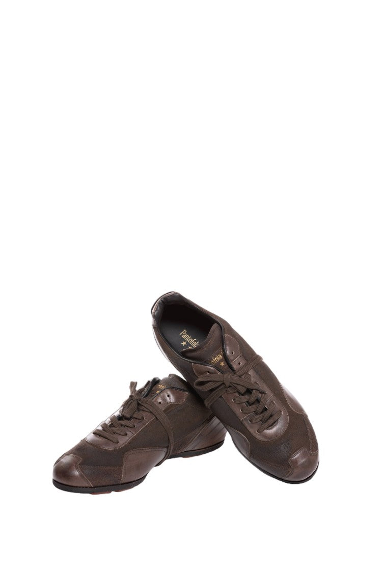Pantofola D'oro Brown Canvas Greased Leather Hand-Stitched Sneakers