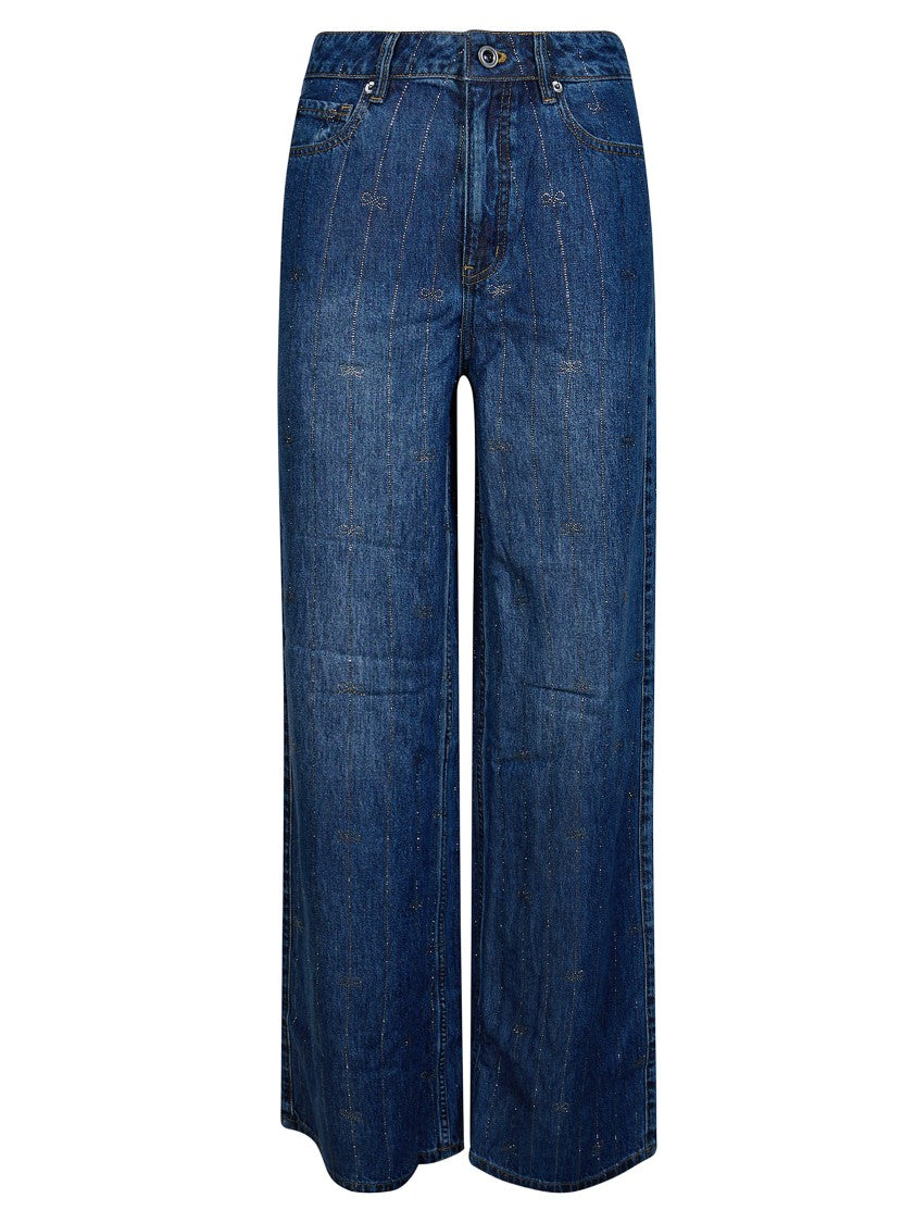 Self-Portrait Rhinestone Vertical Stripe Wide-Leg Jeans