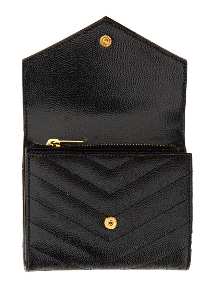 Saint Laurent Chevron Quilted Calfskin Tri-Fold Wallet With Metallic Emblem