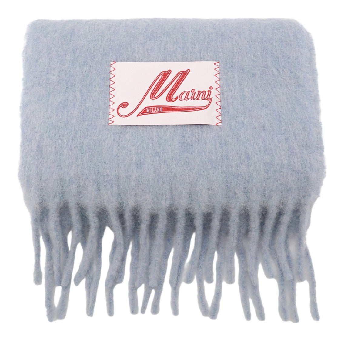 Marni Textured Light Blue Scarf With Fringed Edges And Signature Label