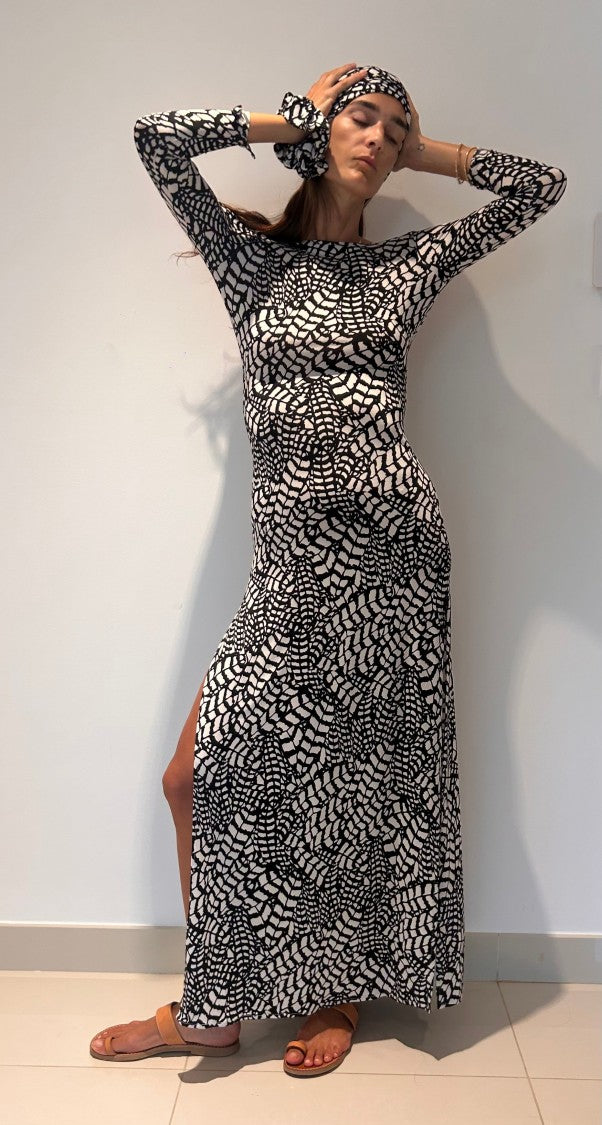 Hawa Made From Love Black Optical Pattern Fitted Maxi Dress