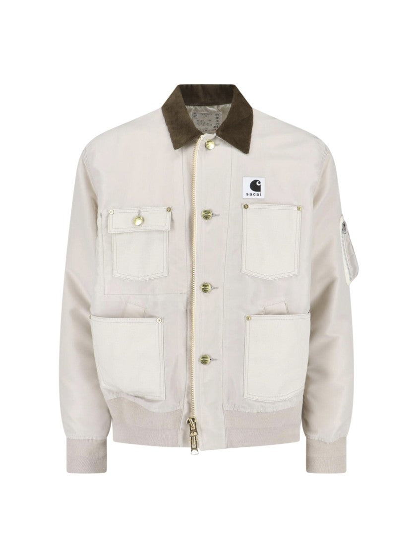Sacai Light Beige Casual Jacket With Dark Brown Corduroy Collar