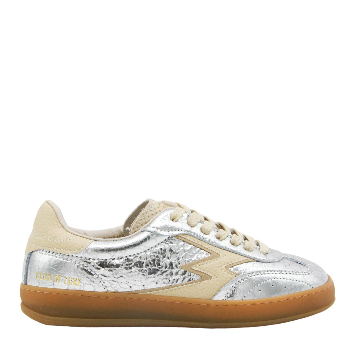 Moaconcept Crinkled Silver Sneakers With Beige Suede Accents
