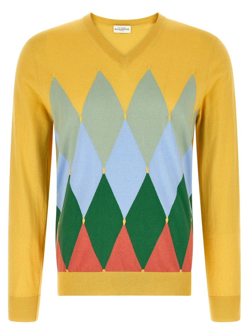 Ballantyne Argyle Jacquard V-Neck Sweater In Cotton And Cashmere Blend