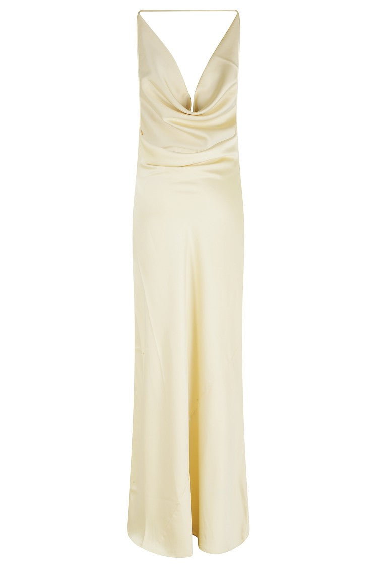 The Andamane Yellow Vera Cowl-Neck Open-Back Polyester Evening Dress