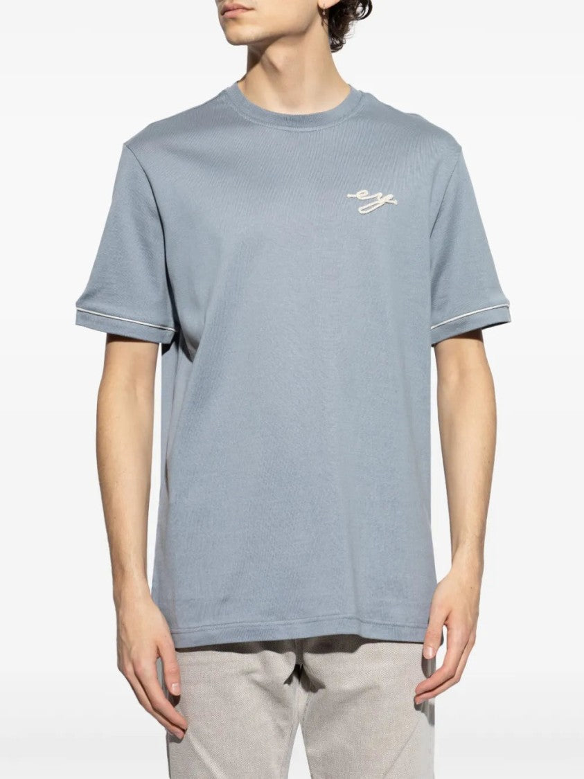 Eleventy Logo-Embroidered Light Blue T-Shirt