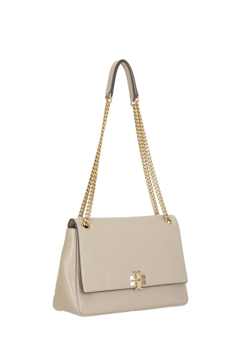 Tory Burch Beige Quilted Leather Gold Logo Shoulder Bag