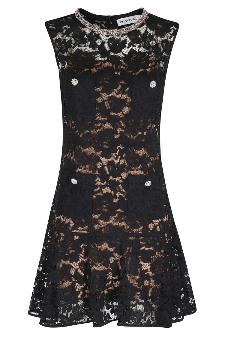 Self-Portrait Black Lace Crystal Mini Four-Pockets Polyamide-Blend Mini Dress
