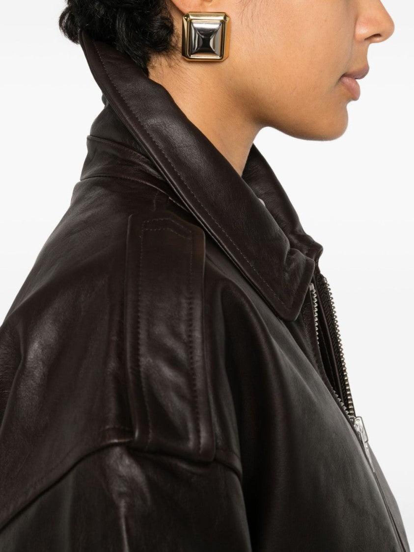 The Frankie Shop Brown Shoulder Epaulettes Leather Leather Jacket