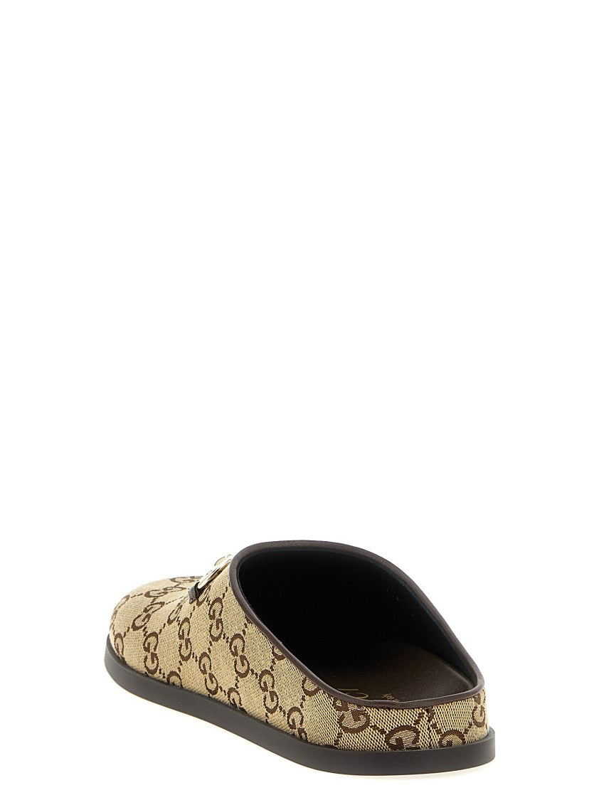 Gucci Gg Fabric Sabots With Leather Trim And Iconic Horsebit Detail