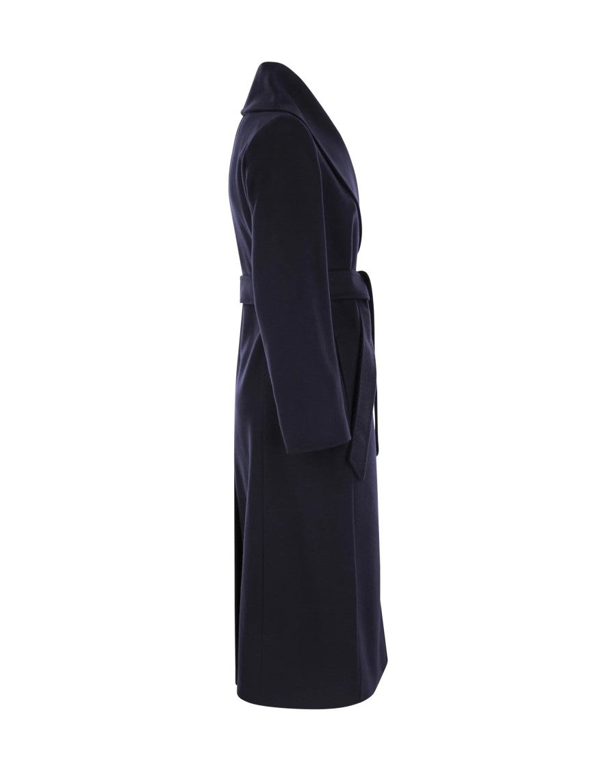 Max Mara Long Shawl Collar Coat With Waist Belt And Decorative Topstitching