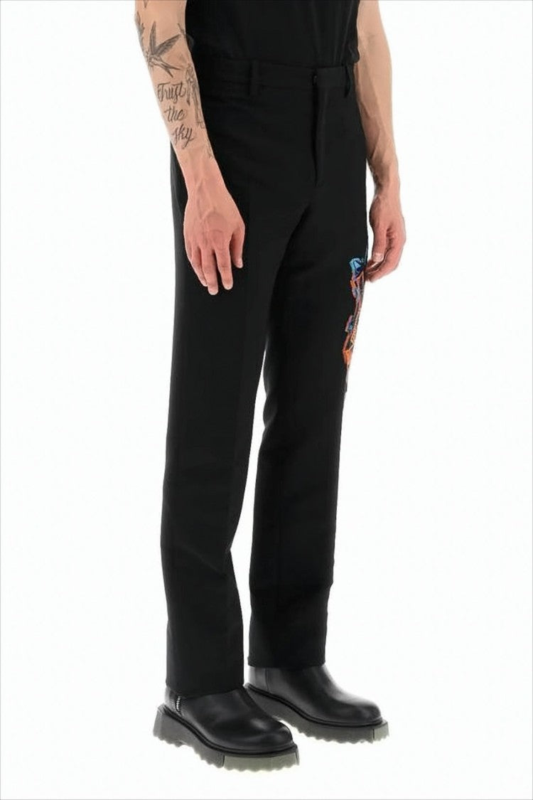 Off-White Tailored Suit Pants With Vibrant Embroidery Detail