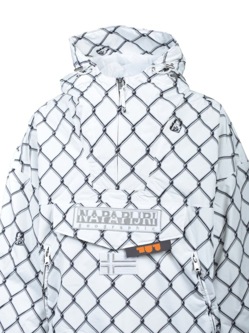 Napapijri Boxy White Jacket With Black Chain-Link Pattern And Hood