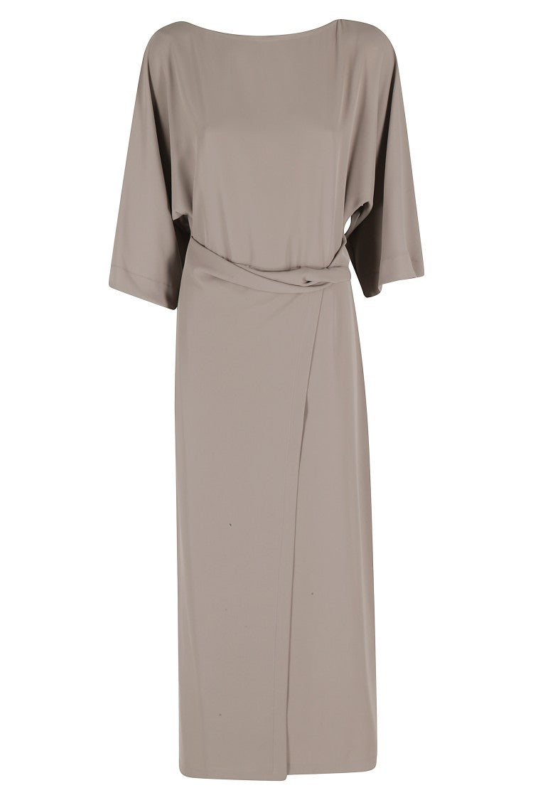 Meimei J. Taupe Wrap Skirt Kimono Design Polyester Midi Dress