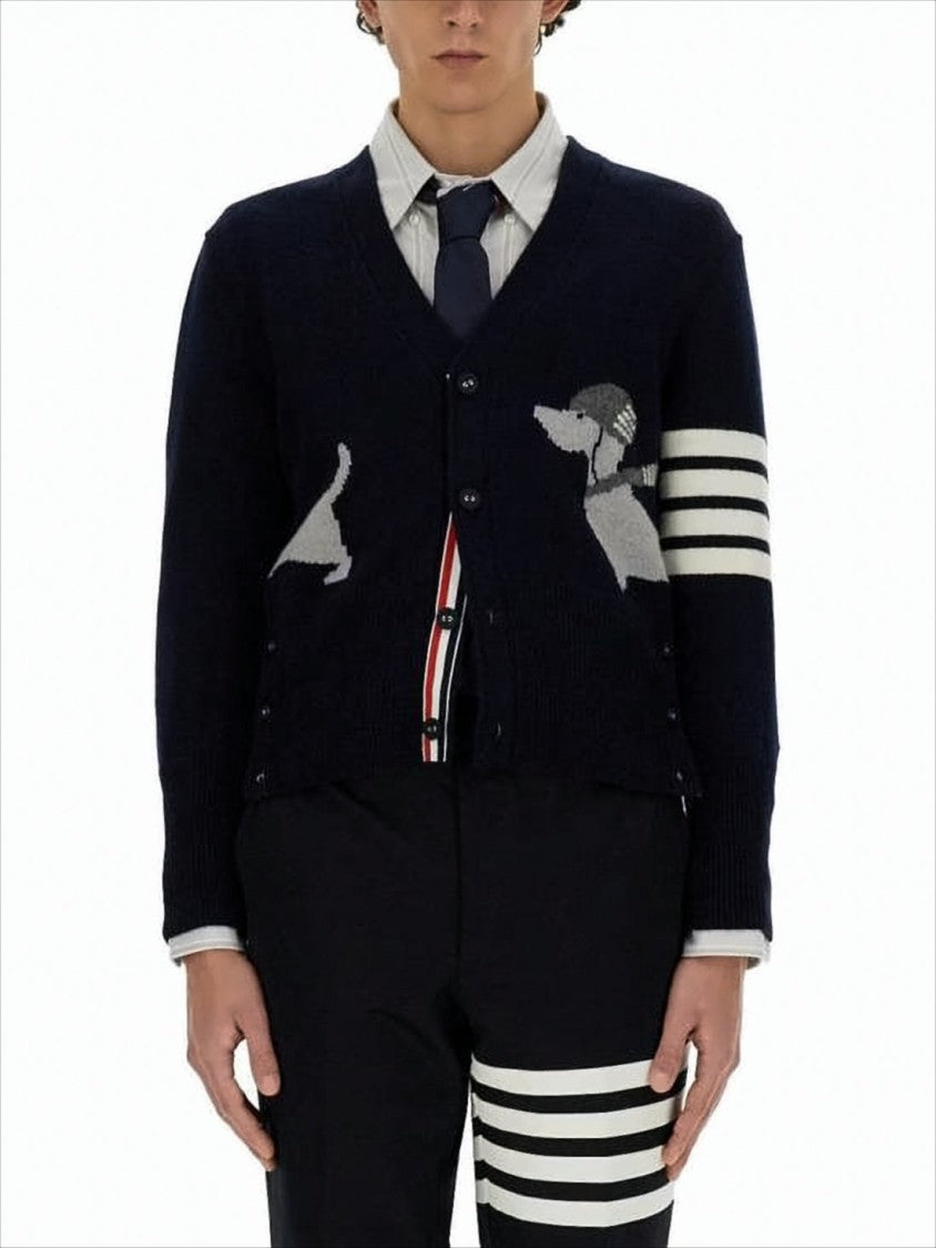 Thom Browne Tailored V-Neck Cardigan With Dog Motifs And Bold Stripes