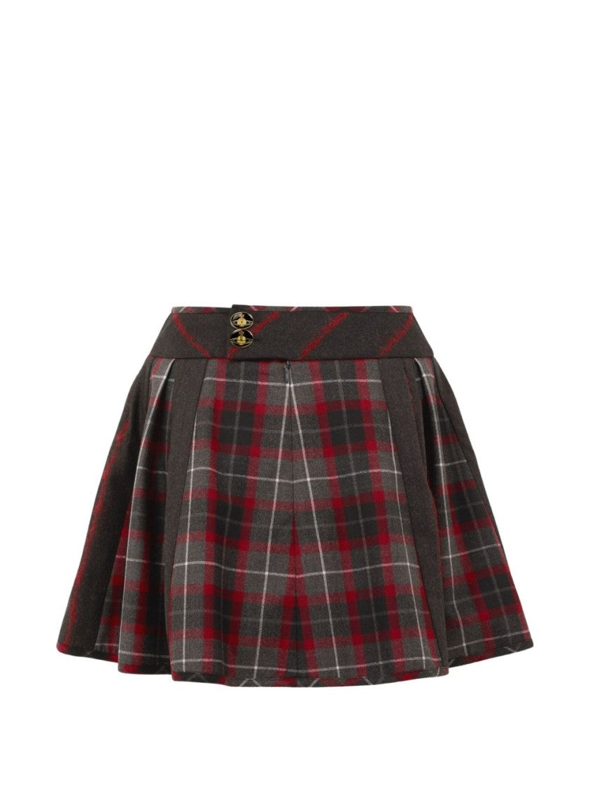 Vivienne Westwood Charcoal Grey/Red Tartan Pleated A-Line Skirt