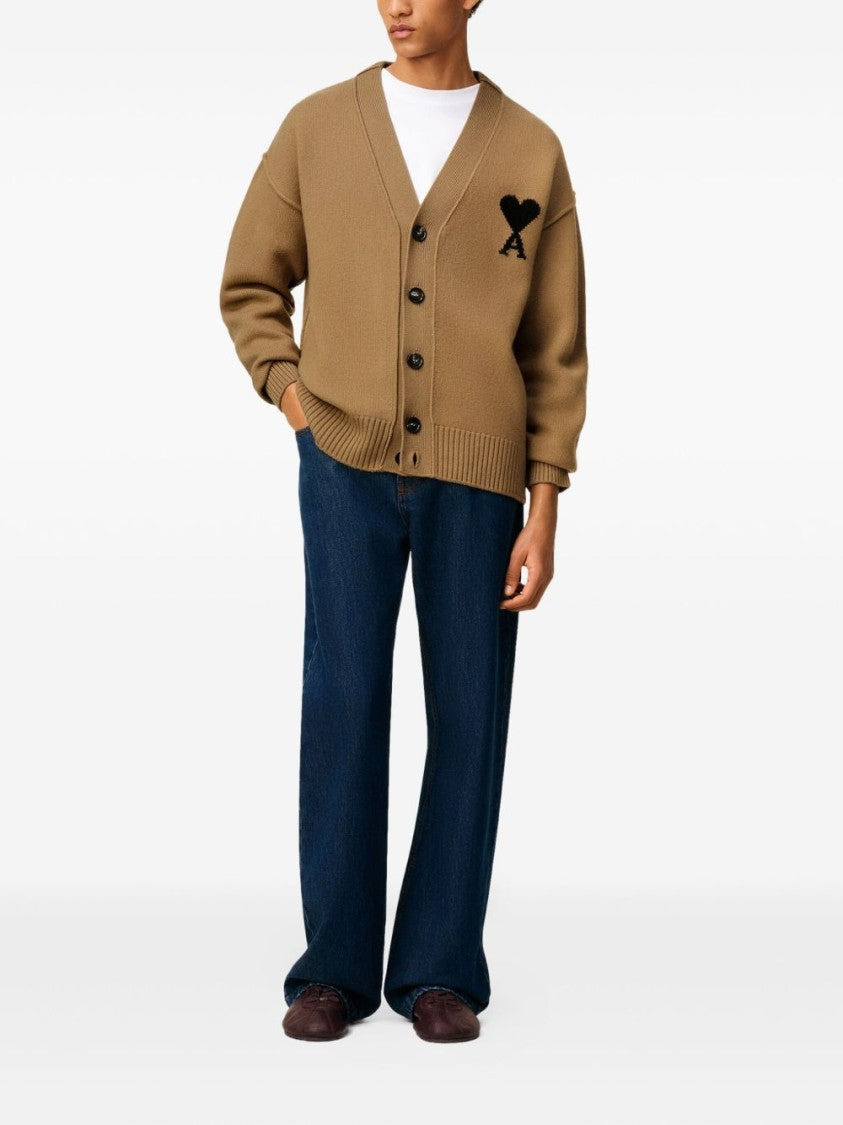 Ami Classic V-Neck Wool Cardigan With Signature Logo
