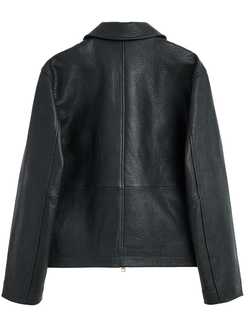 Sunflower Short Leather Jacket Black Collared Leather Jacket