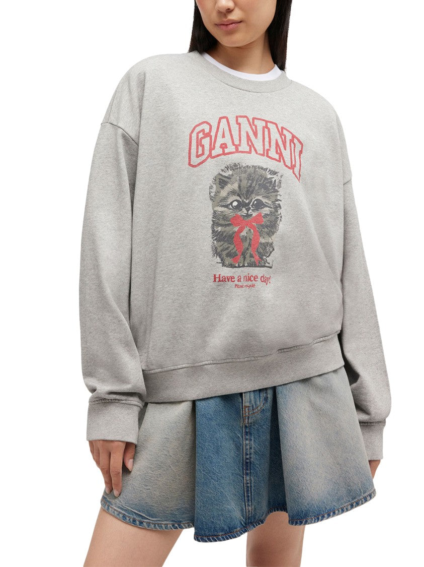 Ganni Heather Grey Crewneck Sweatshirt With Playful Kitty Graphic