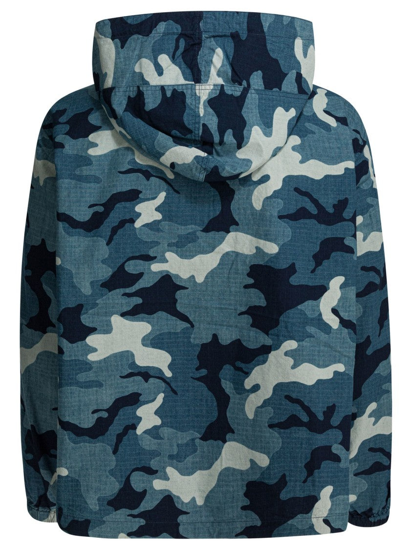 Beams Plus Blue Camouflage Jacket With Adjustable Hood And Kangaroo Pocket