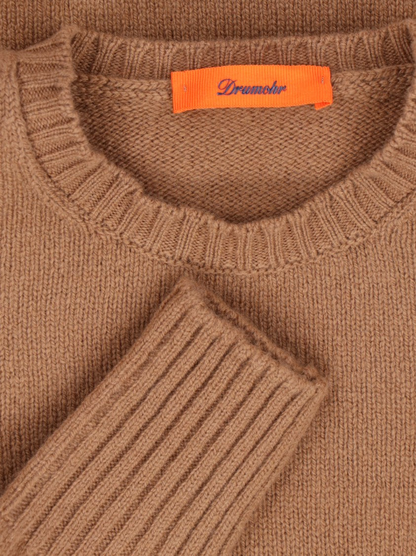 Drumohr Crew Neck Sweater In Brown Wool Ribbed Trim