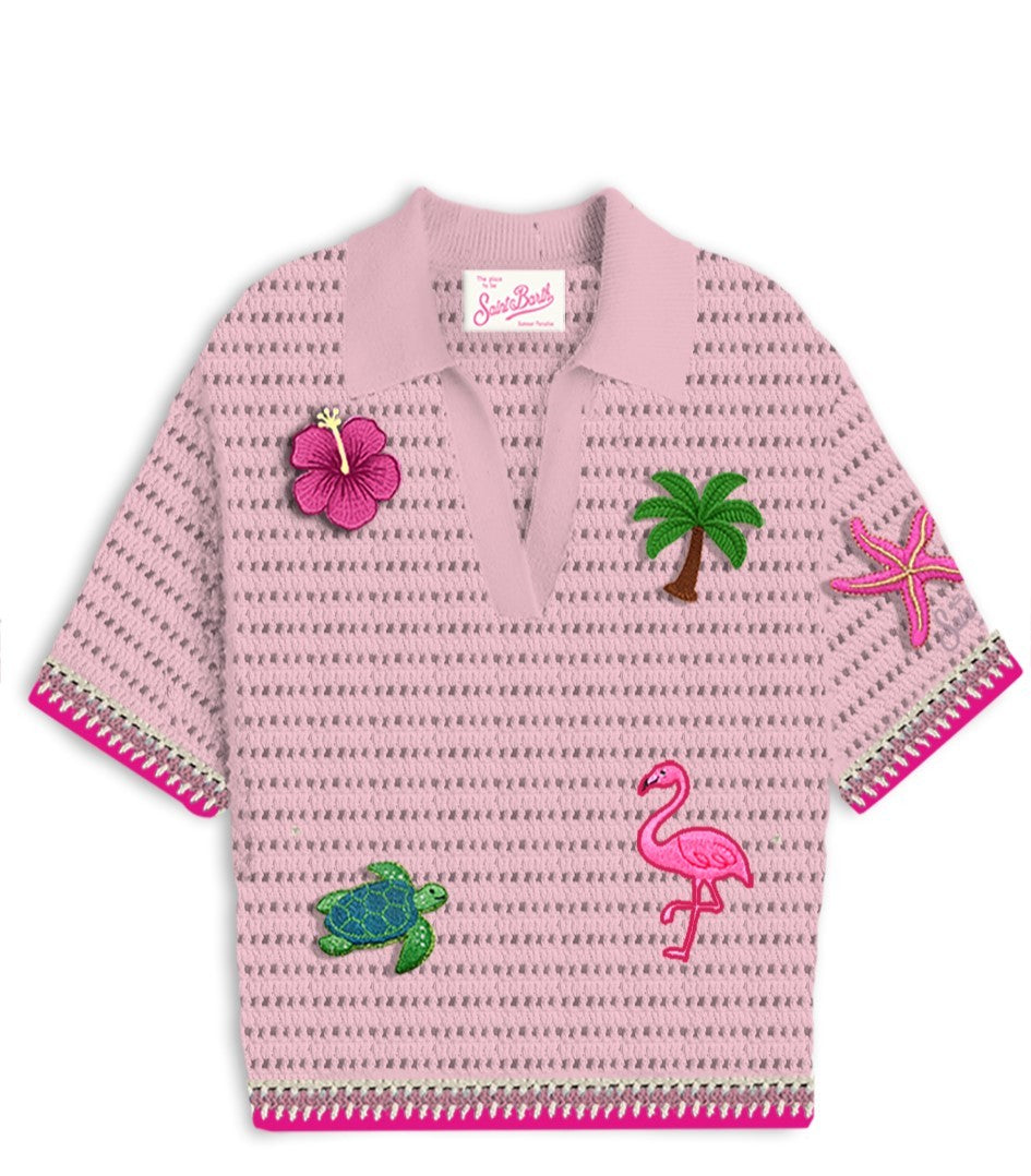 Mc2 Saint Barth Pixie Lace Pink V Neck Polo