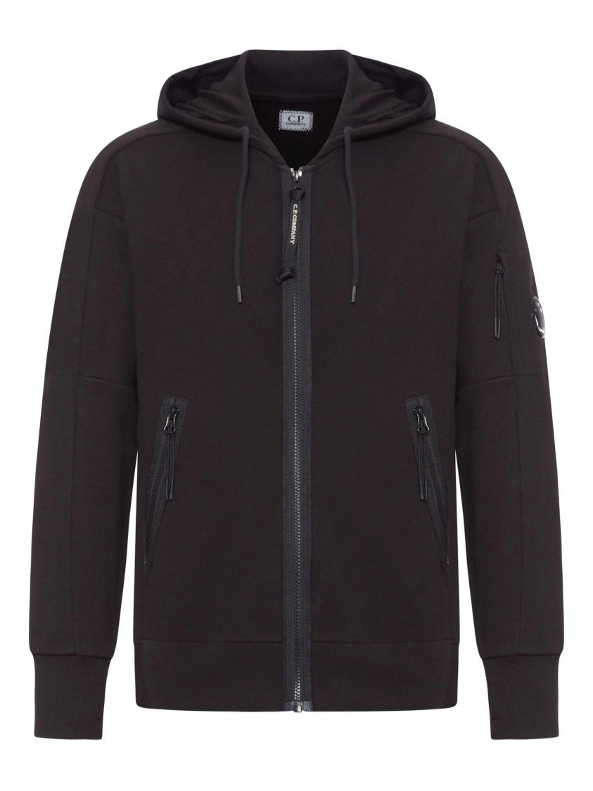 C.P. Company Black Zip-Up Hoodie With Zippered Pockets