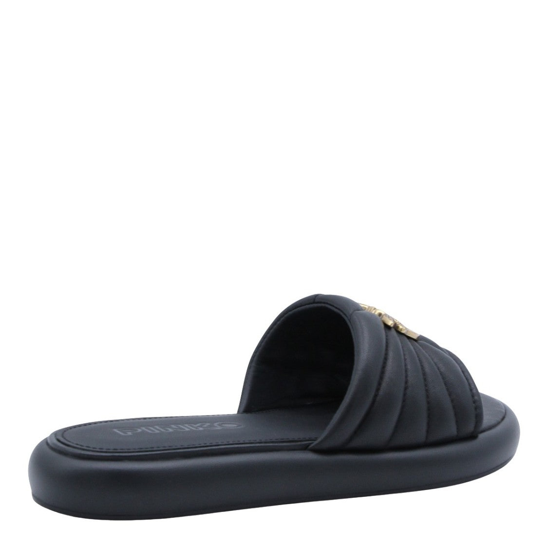 Pinko Black Flats With Padded Quilted Strap And Decorative Emblem