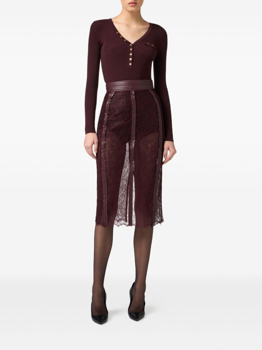 Elisabetta Franchi Bordeaux Midi Skirt With Lace Panels