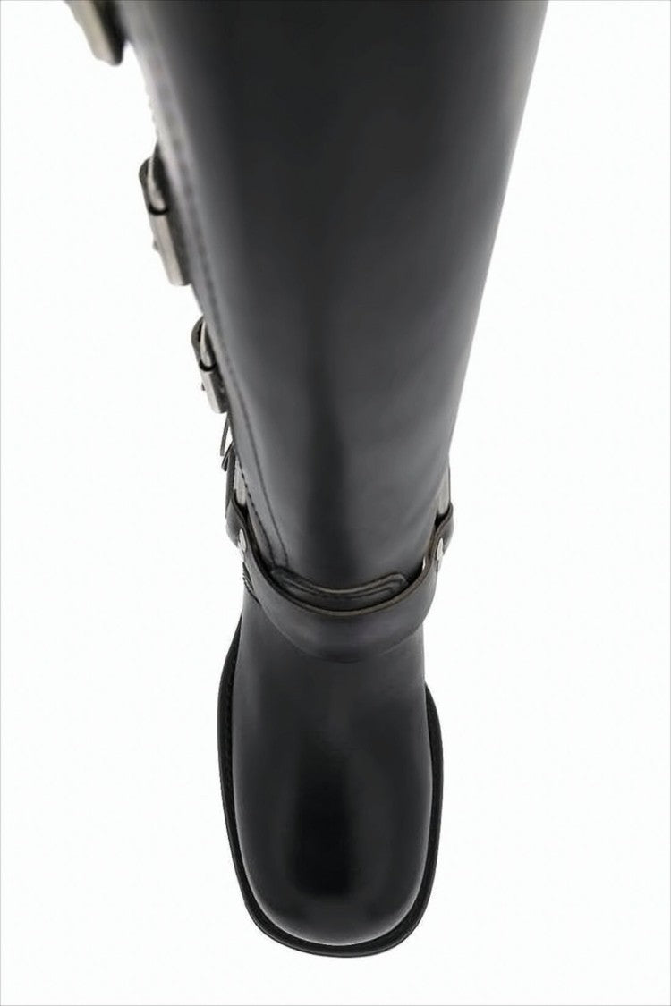 Miu Miu Mid-Calf Black Calf Leather Boots With Adjustable Buckles