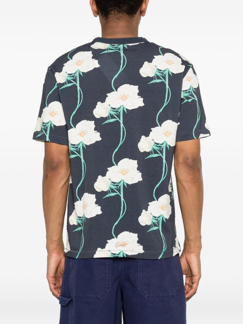 Kenzo Dark Blue Floral Pattern Silk T-Shirt