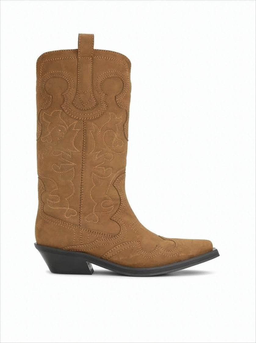 Ganni Mid-Calf Brown Boots With Intricate Stitching And Pull Tabs