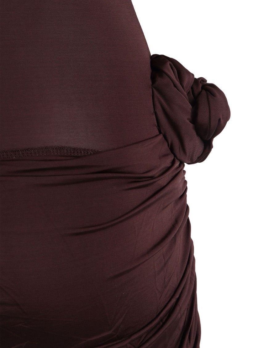 Rotate Draped Mini Dress With Knot Detail And Ruched Design