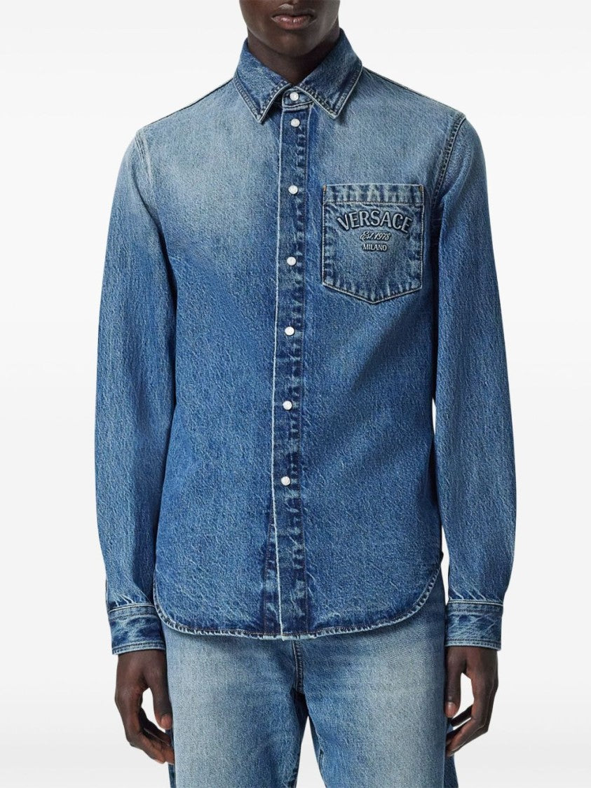 Versace Indigo Blue Washed Denim Shirt With Embossed Logo