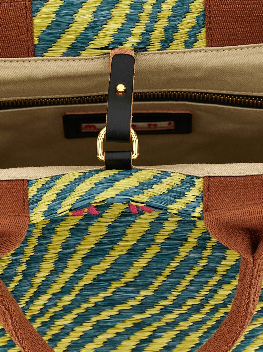 Marni Two-Tone Woven Raffia Handbag With Embroidered Logo