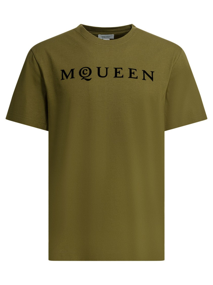 Alexander Mcqueen Short-Sleeved Olive Green T-Shirt With Bold Logo Print