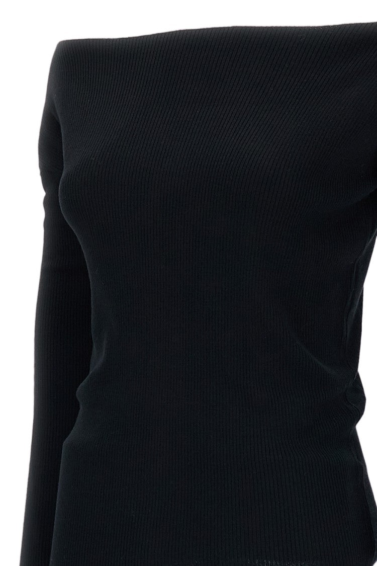 Parosh Black Ribbed Wool Off-Shoulder Top