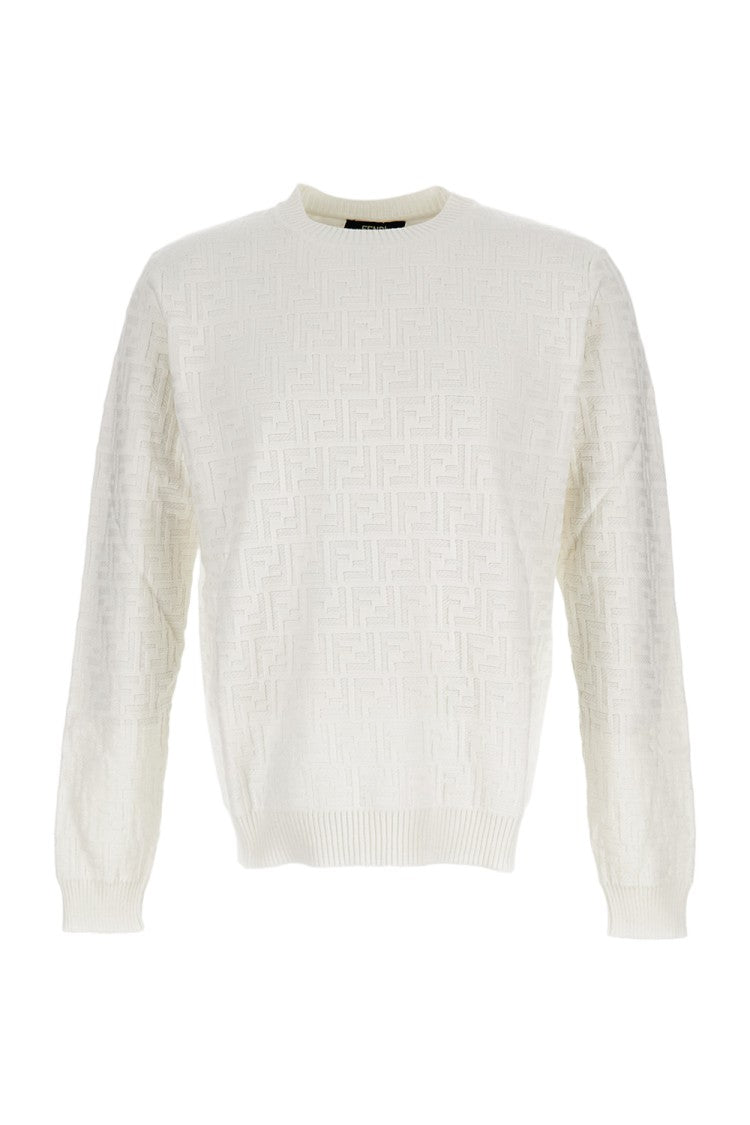Fendi Textured White Crewneck Sweater With Ribbed Details