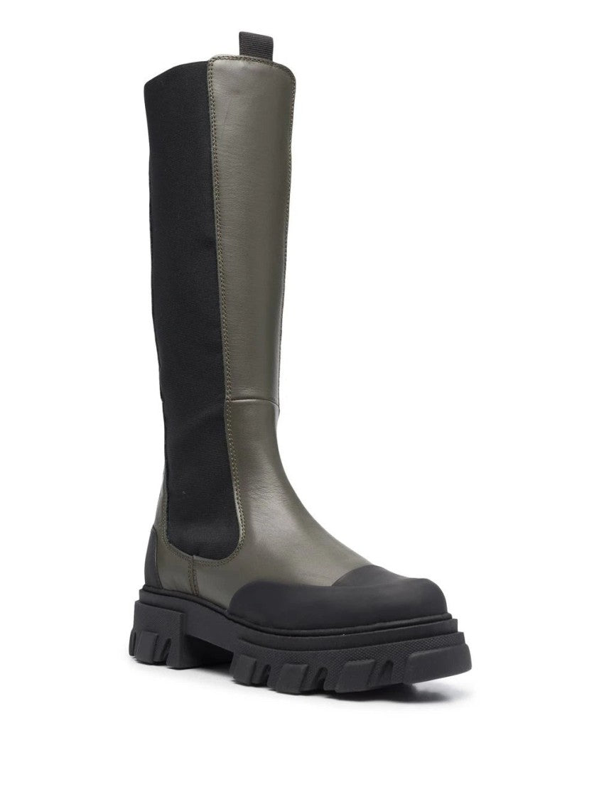 Ganni Green High Chelsea Tall Chunky Sole Pull Tabs Leather Boots