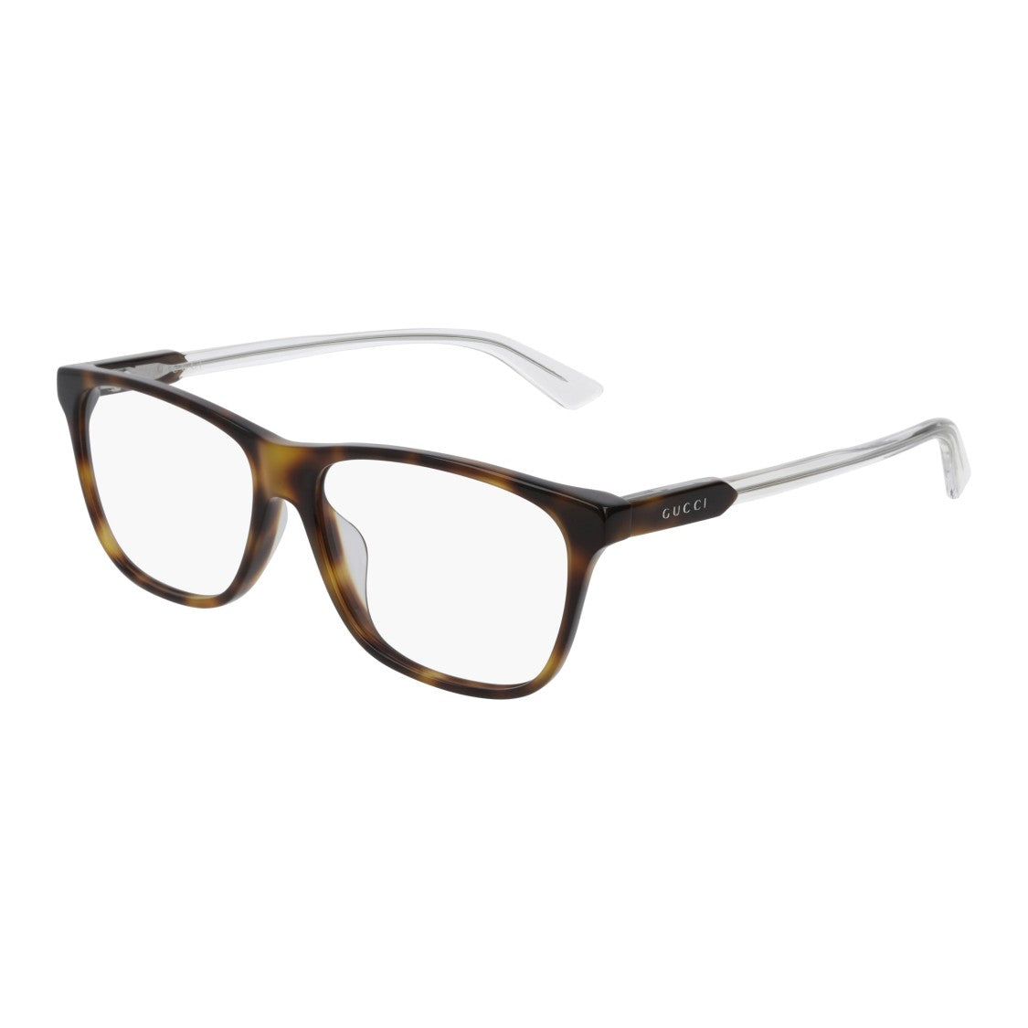 Gucci Tortoiseshell Square Frame Eyeglasses With Clear Temple Tips
