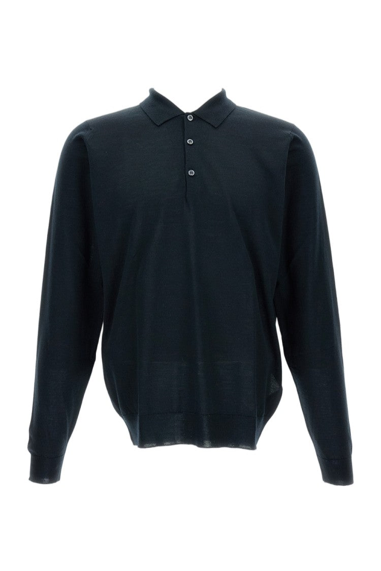 John Smedley Black Merino Wool Long-Sleeved Polo Shirt