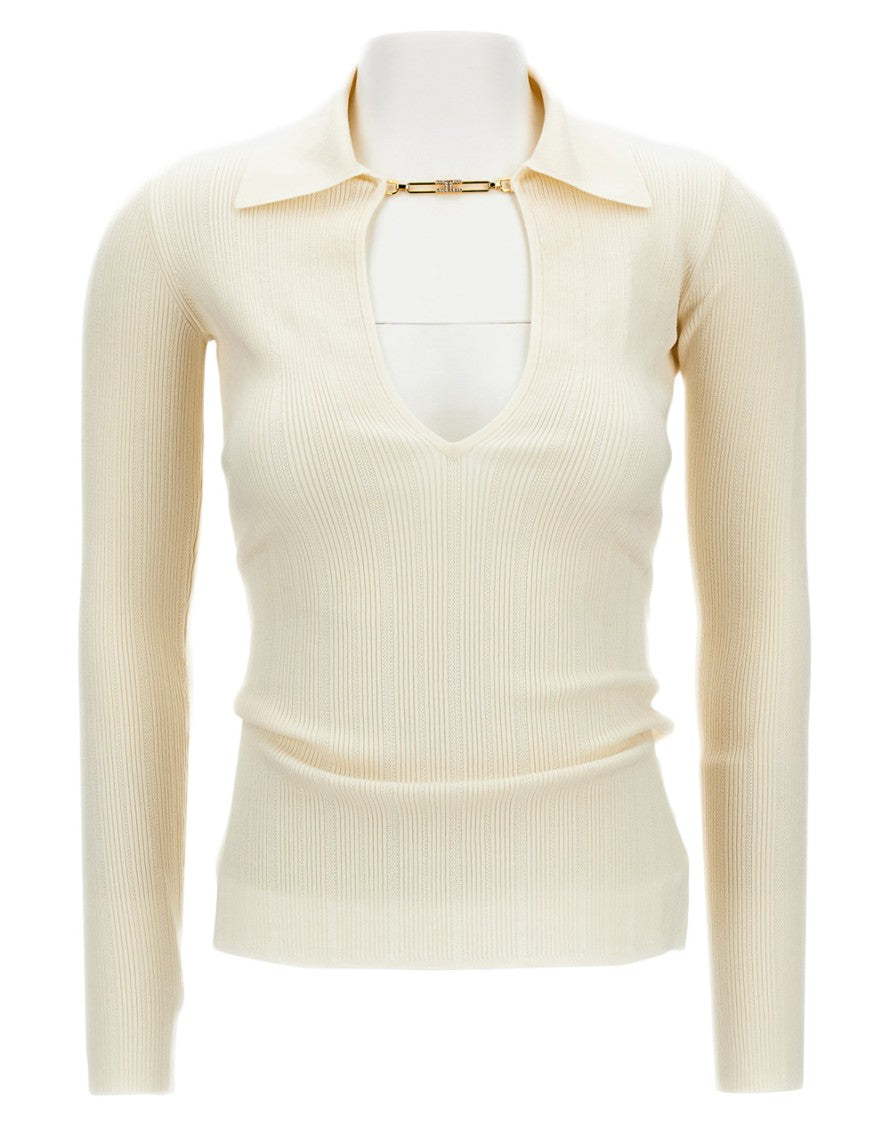 Elisabetta Franchi Sweater With Asymmetric 'V' Neckline And Ribbed Texture