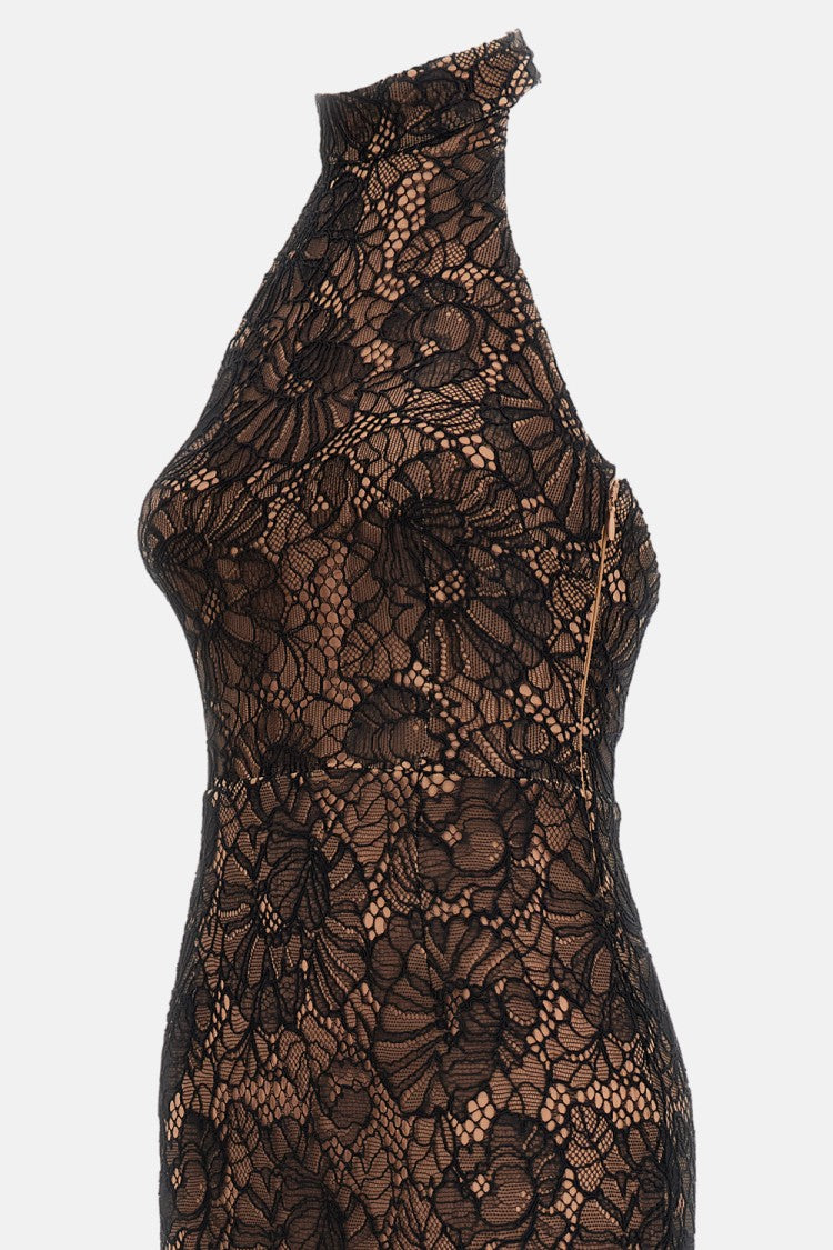 Rotate Floor-Length Floral Lace Halterneck Dress With Scalloped Hemline