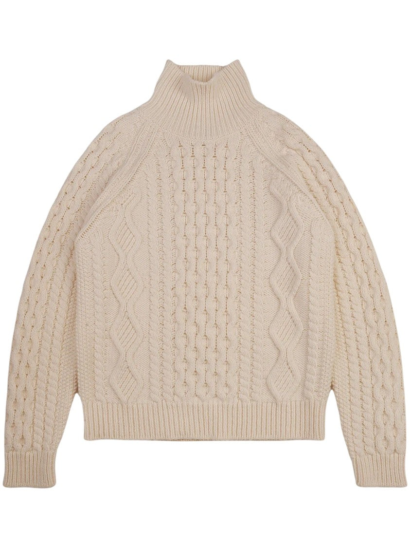 Baracuta Aran Patterned Chunky Knit Mock Neck Sweater