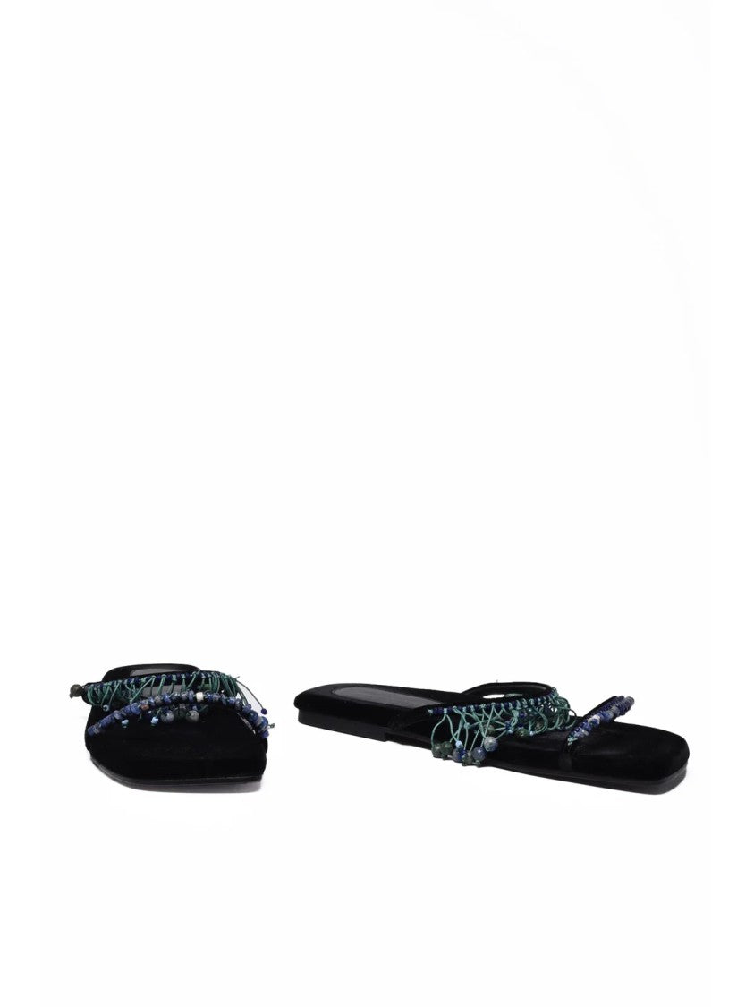 Dries Van Noten Beaded Black Velvet Flat Mules