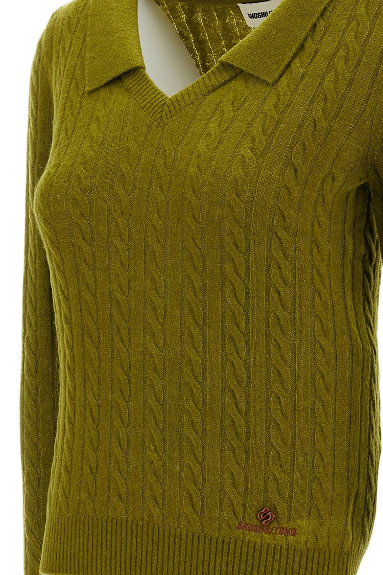 Shushu/Tong Green V-Neck Chelsea Collar Cable Knit Wool-Lyocell Sweater