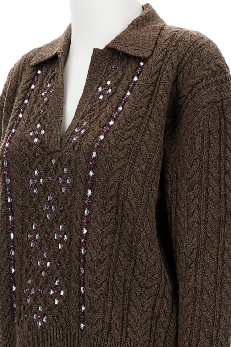 Des Phemmes Embroidered Cable Knit Sweater