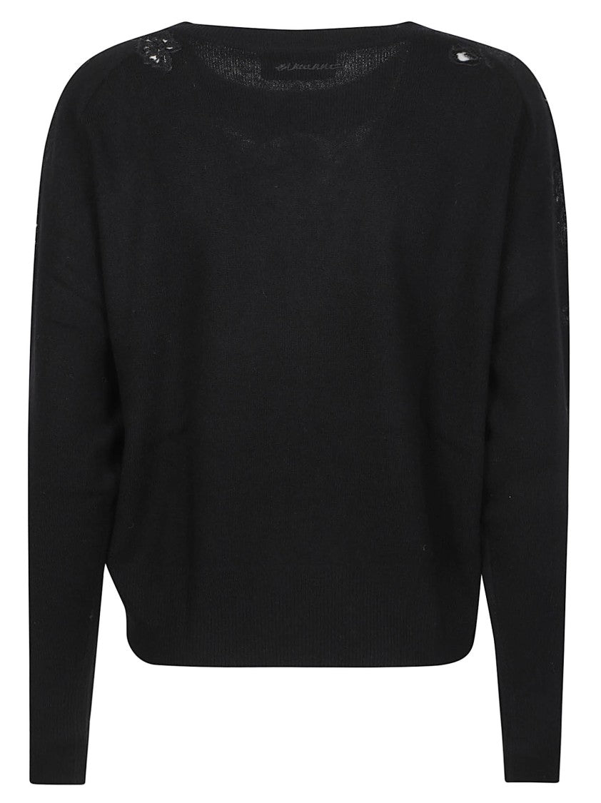 Ermanno Firenze Round Neck Lace Embellished Wool Cropped Sweater