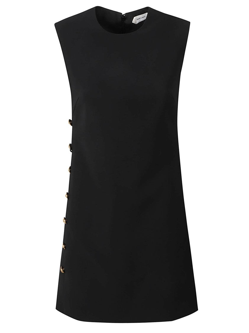 Versace Sleeveless Black Mini Dress With Decorative Gold Buttons