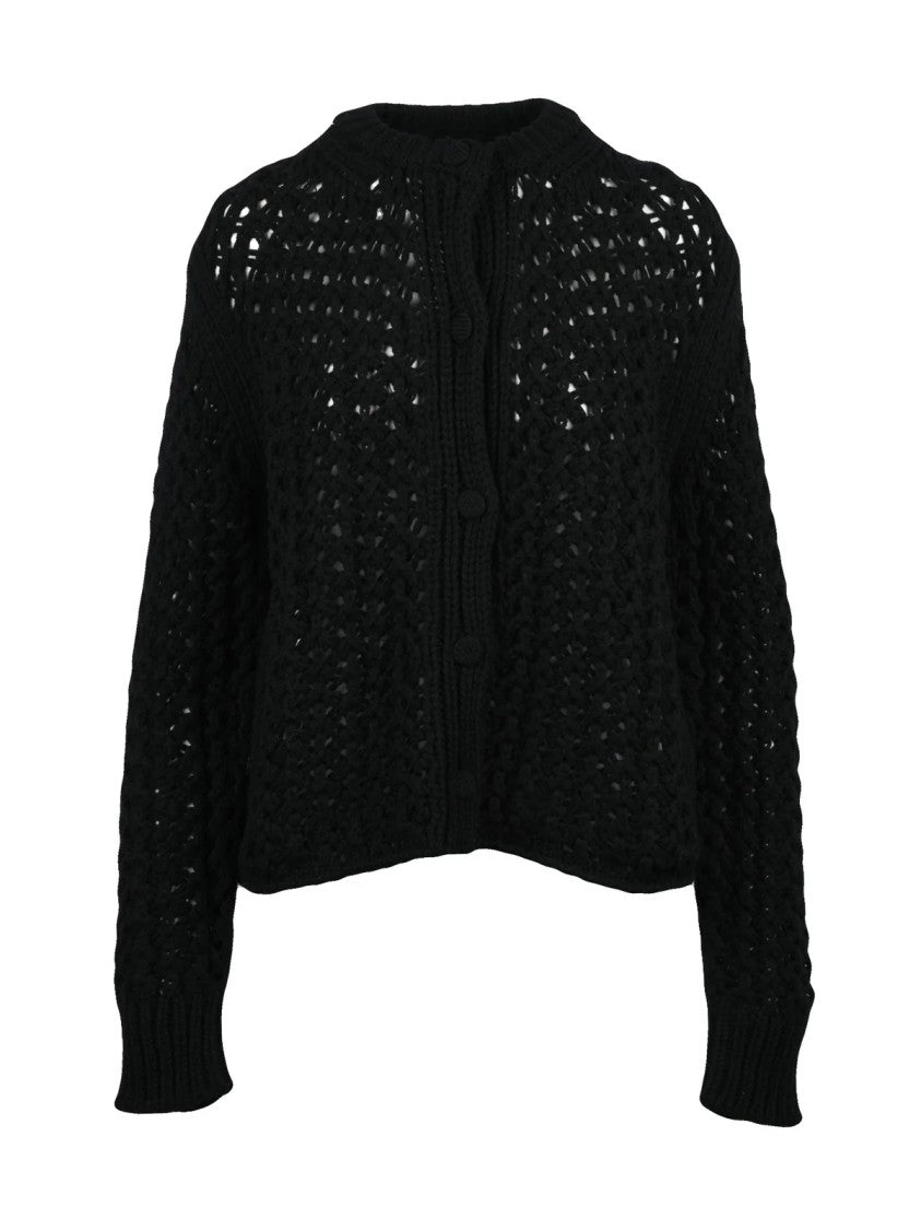 Jil Sander Black Cable Knit Crew Neck Wool Cardigan